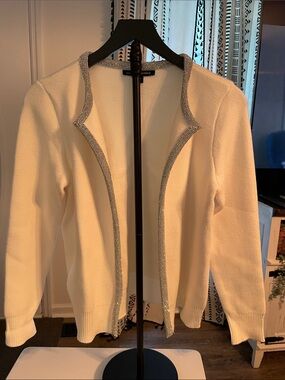 Boston Proper Cream Open Front Cardigan with Silver Sparkle Trim (0059)